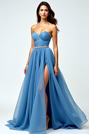 Grey Blue Chiffon Long Sweetheart A Line Formal Dress with Slit
